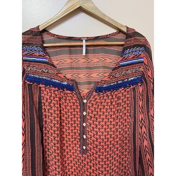 Free People Sheer top Womens button pullover top Boho Hippie sequin beads pocket - Picture 2 of 6